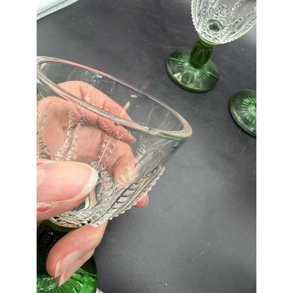 Vintage‎ Pressed Glass Juice Cordial Glasses Green Stem Beaded Swag Set of 6